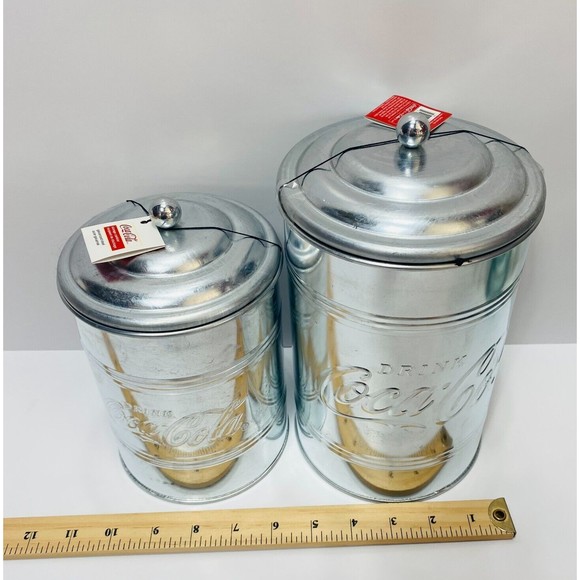 Retro Metal Coca-Cola Logo Tin Steel Canisters Kitchen Storage VTG Style 2pc Set - Picture 12 of 15